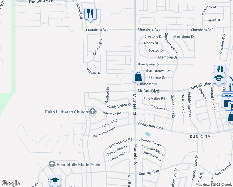 map of restaurants, bars, coffee shops, grocery stores, and more near 25841 McCall Boulevard in Menifee