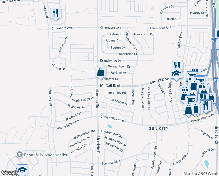 map of restaurants, bars, coffee shops, grocery stores, and more near 26095 McCall Boulevard in Menifee