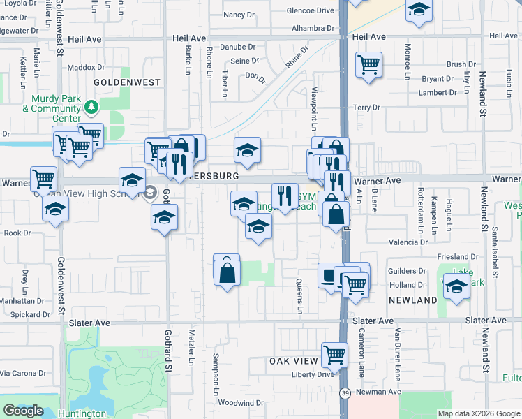 map of restaurants, bars, coffee shops, grocery stores, and more near in Huntington Beach