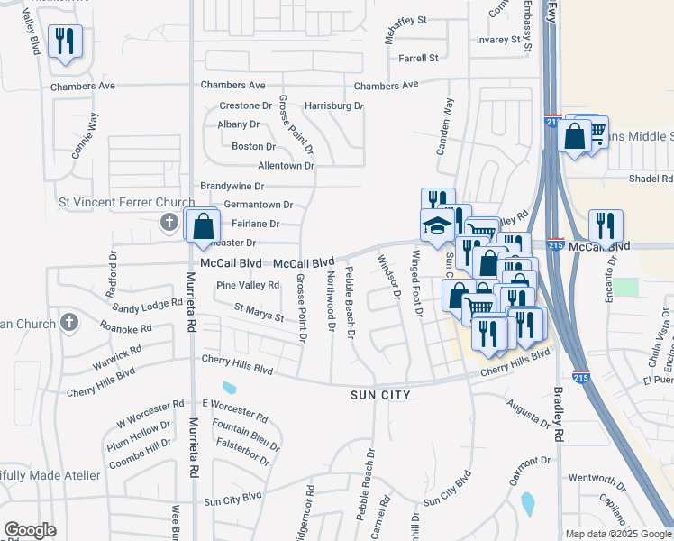 map of restaurants, bars, coffee shops, grocery stores, and more near 28040 Northwood Drive in Menifee