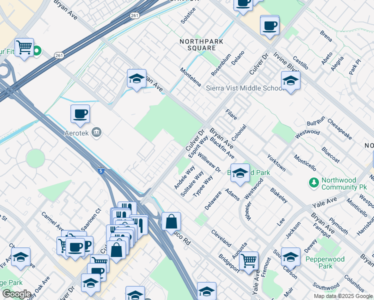 map of restaurants, bars, coffee shops, grocery stores, and more near Culver Drive & Farwell Avenue in Irvine