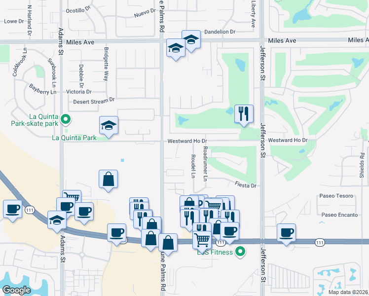 map of restaurants, bars, coffee shops, grocery stores, and more near 79625 Westward Ho Drive in La Quinta