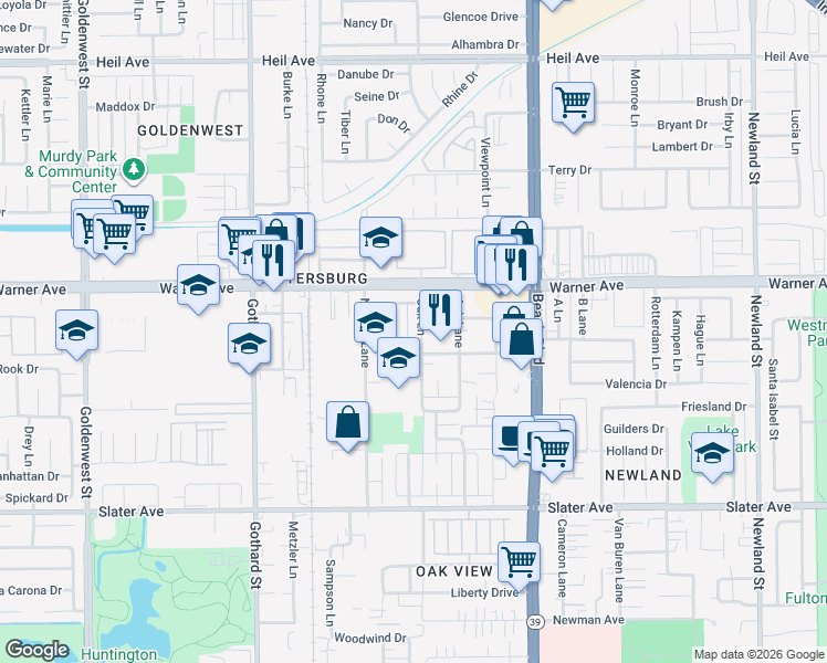 map of restaurants, bars, coffee shops, grocery stores, and more near 17091 Oak Lane in Huntington Beach
