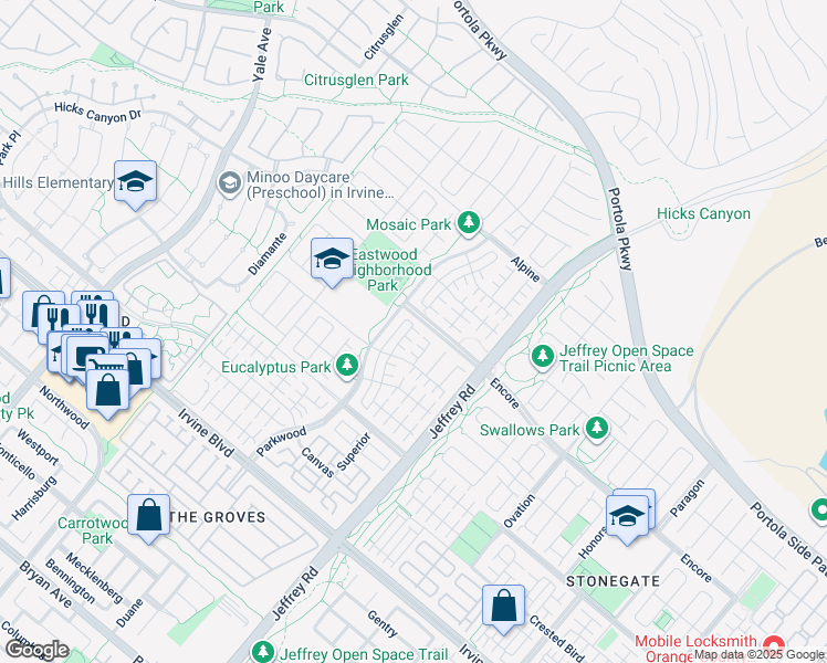 map of restaurants, bars, coffee shops, grocery stores, and more near 52 Henson in Irvine