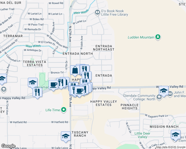 map of restaurants, bars, coffee shops, grocery stores, and more near 25203 North 65th Avenue in Phoenix