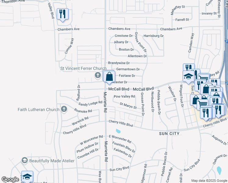map of restaurants, bars, coffee shops, grocery stores, and more near 26065 McCall Boulevard in Menifee