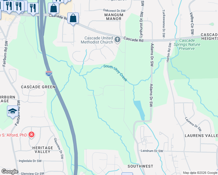 map of restaurants, bars, coffee shops, grocery stores, and more near 3210 Key Drive Southwest in Atlanta