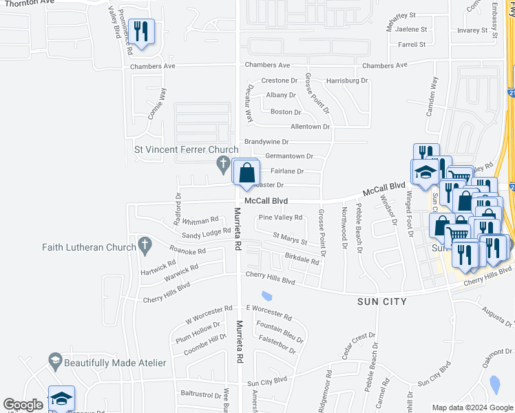 map of restaurants, bars, coffee shops, grocery stores, and more near 26065 McCall Boulevard in Menifee