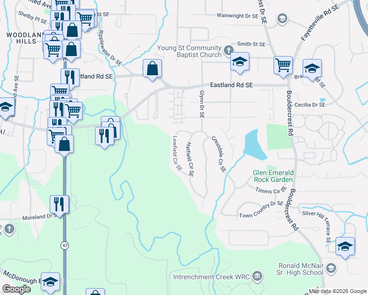 map of restaurants, bars, coffee shops, grocery stores, and more near 2553 Hatfield Circle Southeast in Atlanta