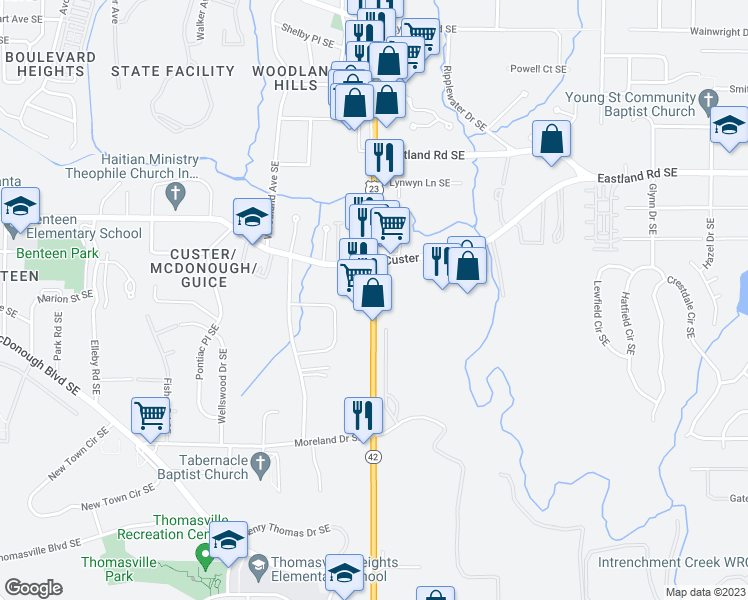 map of restaurants, bars, coffee shops, grocery stores, and more near 1326 Moreland Avenue Southeast in Atlanta