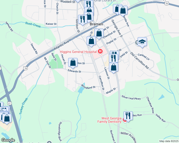 map of restaurants, bars, coffee shops, grocery stores, and more near 109 Edwards Street in Bremen