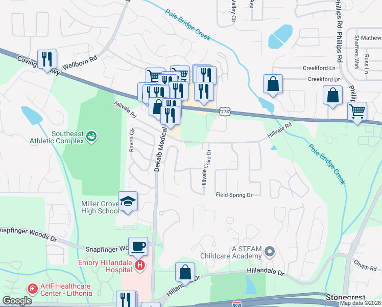 map of restaurants, bars, coffee shops, grocery stores, and more near 5999 Hillvale Road in Lithonia