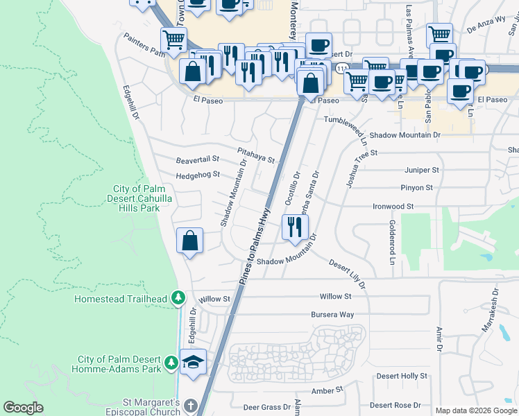 map of restaurants, bars, coffee shops, grocery stores, and more near 46133 California 74 in Palm Desert