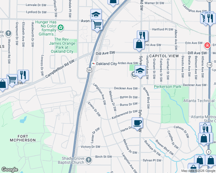 map of restaurants, bars, coffee shops, grocery stores, and more near 1065 Deckner Avenue Southwest in Atlanta