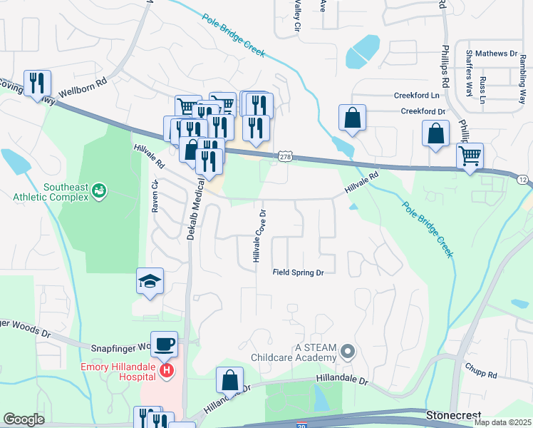 map of restaurants, bars, coffee shops, grocery stores, and more near 2863 Hillvale Cove Drive in Lithonia
