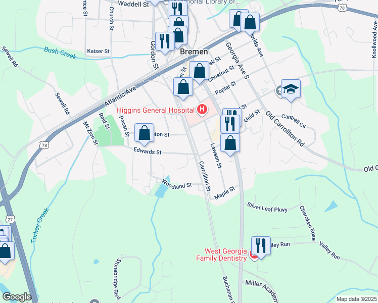 map of restaurants, bars, coffee shops, grocery stores, and more near 511 Buchanan Street in Bremen
