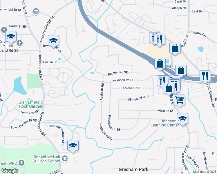 map of restaurants, bars, coffee shops, grocery stores, and more near 2549 Flagstone Drive Southeast in Atlanta