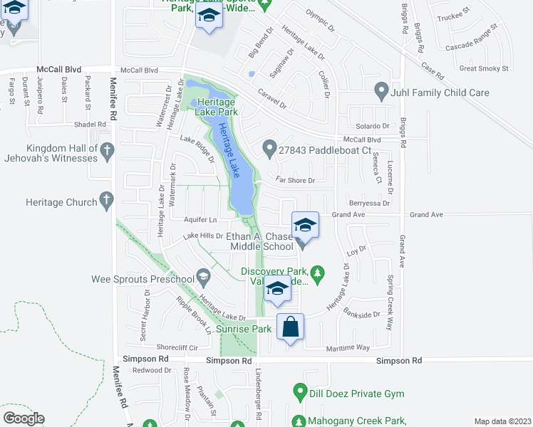 map of restaurants, bars, coffee shops, grocery stores, and more near 29537 Greenbelt Circle in Menifee