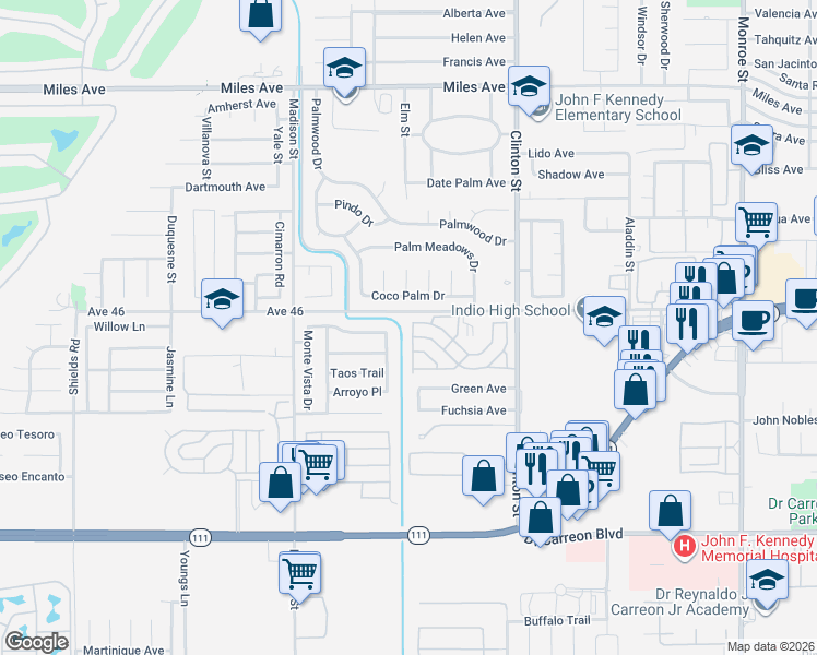 map of restaurants, bars, coffee shops, grocery stores, and more near 81351 Avenue 46 in Indio