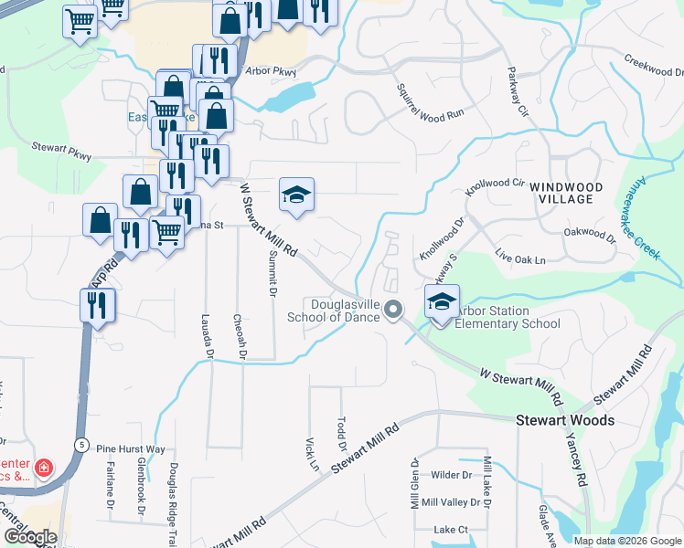 map of restaurants, bars, coffee shops, grocery stores, and more near 6290 Garden Circle in Douglasville