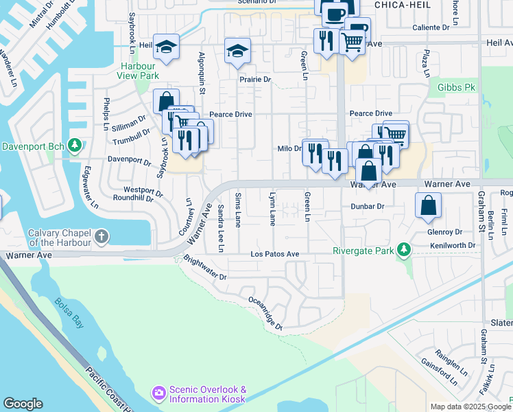 map of restaurants, bars, coffee shops, grocery stores, and more near 4682 Warner Avenue in Huntington Beach