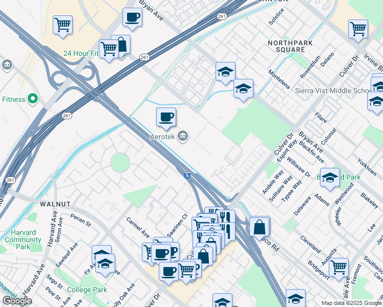 map of restaurants, bars, coffee shops, grocery stores, and more near 450 Exchange in Irvine