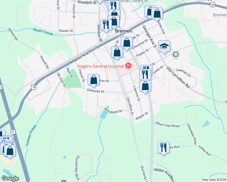 map of restaurants, bars, coffee shops, grocery stores, and more near 111 Edwards Street in Bremen