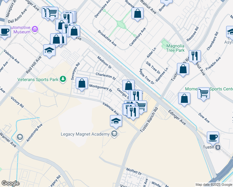 map of restaurants, bars, coffee shops, grocery stores, and more near 1465 Montgomery Street in Tustin