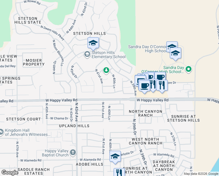 map of restaurants, bars, coffee shops, grocery stores, and more near 4033 West Hackamore Drive in Phoenix