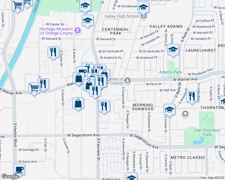 map of restaurants, bars, coffee shops, grocery stores, and more near 2515 South Laurelwood in Santa Ana