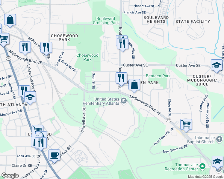 map of restaurants, bars, coffee shops, grocery stores, and more near 556 McDonough Boulevard Southeast in Atlanta
