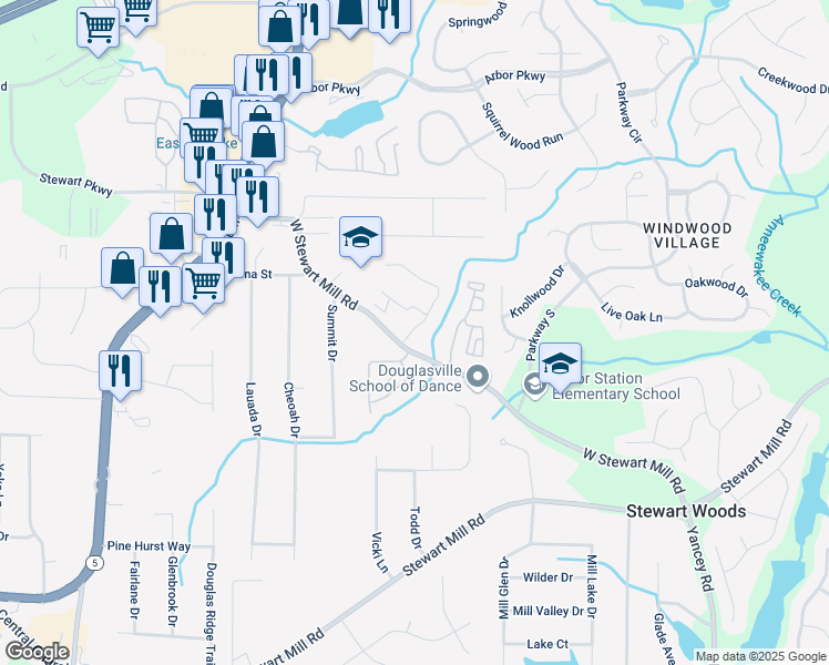 map of restaurants, bars, coffee shops, grocery stores, and more near 6290 Garden Circle in Douglasville