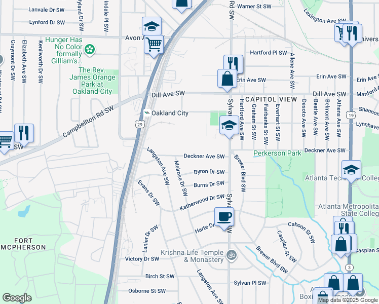 map of restaurants, bars, coffee shops, grocery stores, and more near 1019 Deckner Avenue Southwest in Atlanta