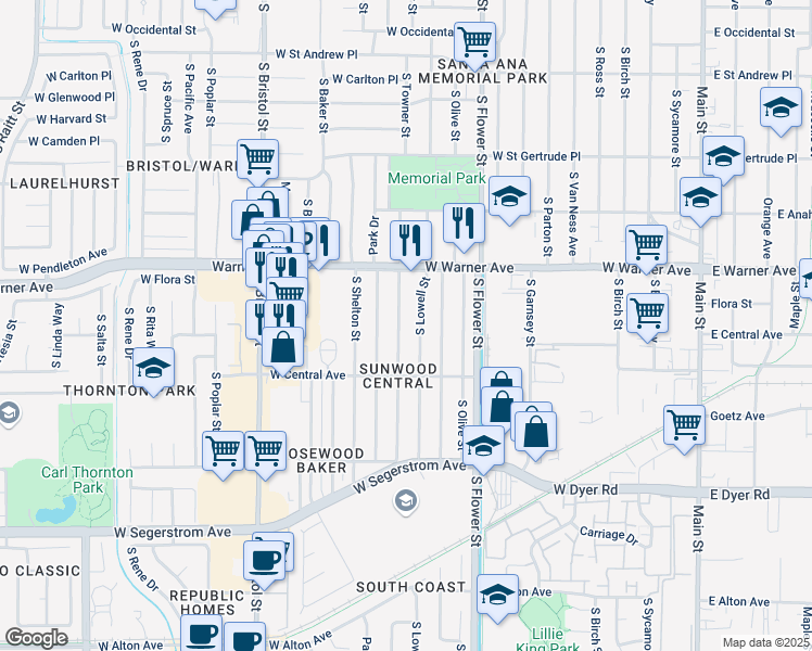 map of restaurants, bars, coffee shops, grocery stores, and more near 2405 South Lowell Street in Santa Ana