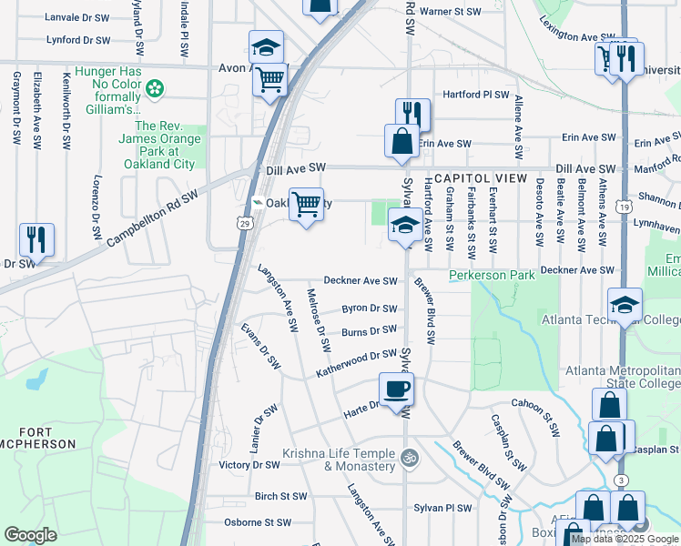 map of restaurants, bars, coffee shops, grocery stores, and more near 1019 Deckner Avenue Southwest in Atlanta