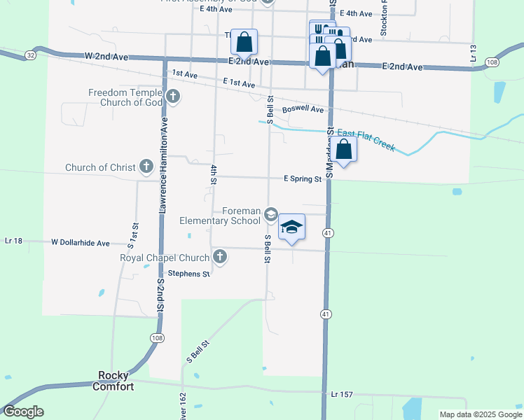 map of restaurants, bars, coffee shops, grocery stores, and more near 417 North Bell Street in Foreman