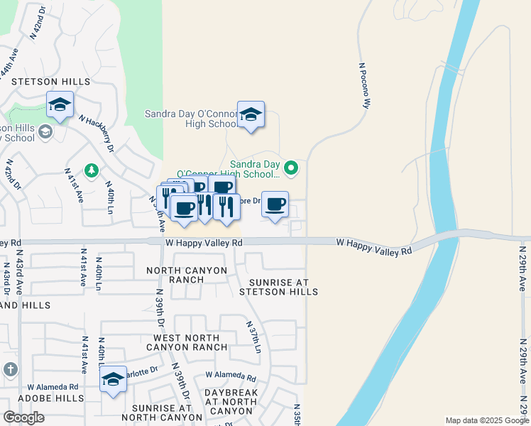 map of restaurants, bars, coffee shops, grocery stores, and more near 3510 West Happy Valley Road in Glendale