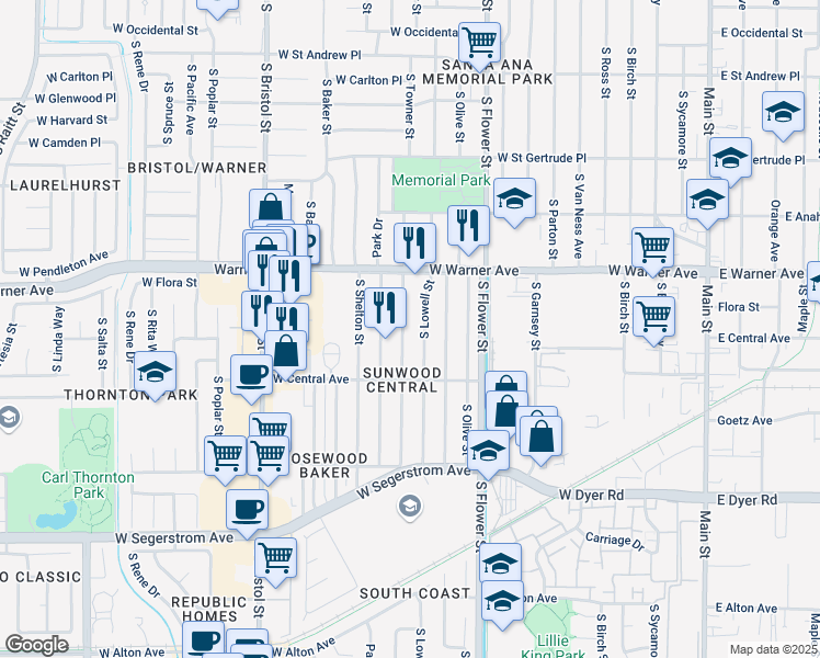 map of restaurants, bars, coffee shops, grocery stores, and more near 2405 South Lowell Street in Santa Ana