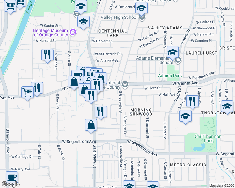 map of restaurants, bars, coffee shops, grocery stores, and more near 2714 West Northwood in Santa Ana