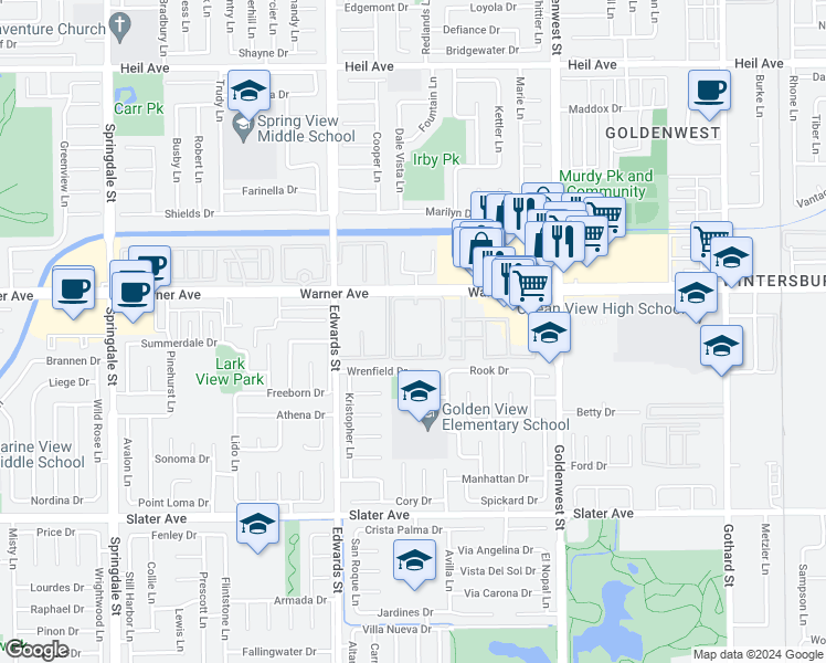 map of restaurants, bars, coffee shops, grocery stores, and more near 6700 Warner Avenue in Huntington Beach