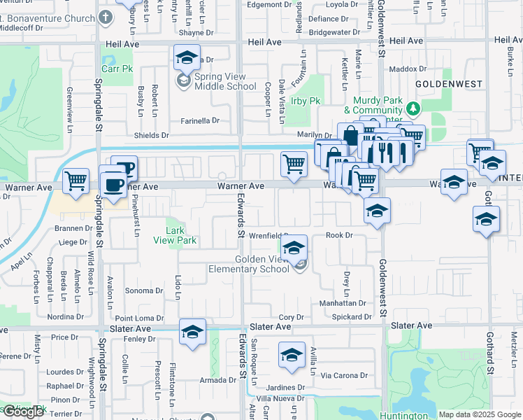 map of restaurants, bars, coffee shops, grocery stores, and more near 6600 Warner Avenue in Huntington Beach