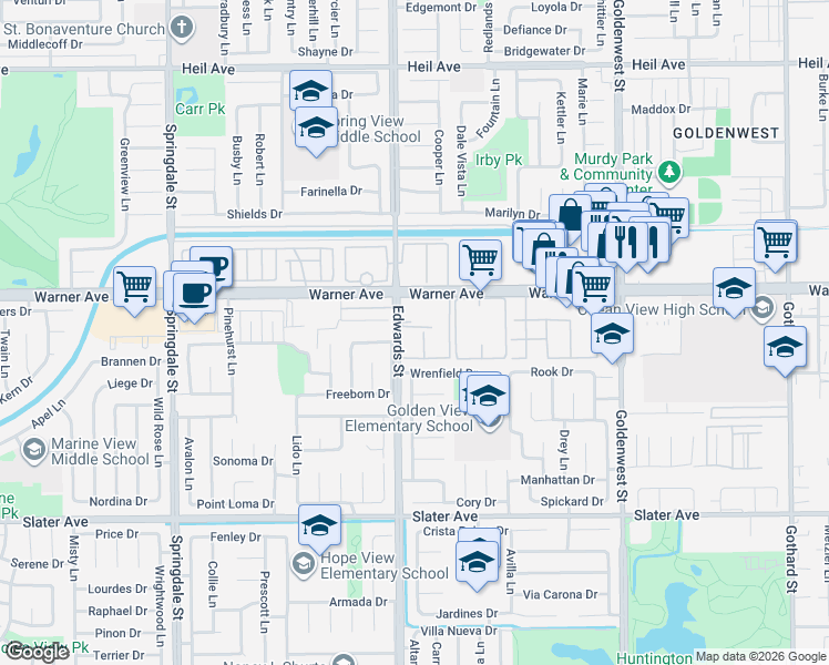 map of restaurants, bars, coffee shops, grocery stores, and more near 6600 Warner Avenue in Huntington Beach