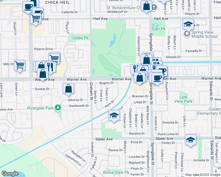 map of restaurants, bars, coffee shops, grocery stores, and more near 17081 Twain Lane in Huntington Beach