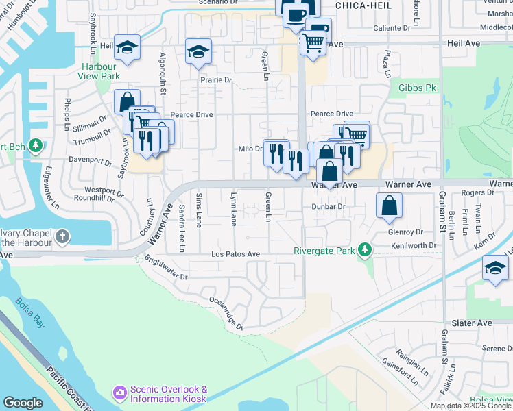 map of restaurants, bars, coffee shops, grocery stores, and more near 17091 Green Lane in Huntington Beach