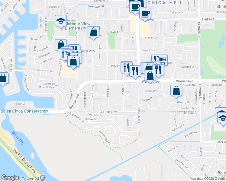 map of restaurants, bars, coffee shops, grocery stores, and more near 17092 Lynn Lane in Huntington Beach