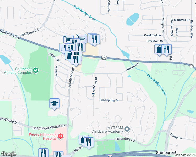 map of restaurants, bars, coffee shops, grocery stores, and more near 2863 Hillvale Cove Drive in Lithonia