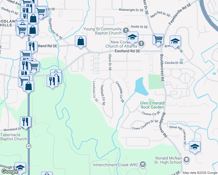 map of restaurants, bars, coffee shops, grocery stores, and more near 2553 Crestdale Circle Southeast in Atlanta