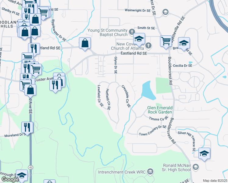 map of restaurants, bars, coffee shops, grocery stores, and more near 2547 Crestdale Circle Southeast in Atlanta