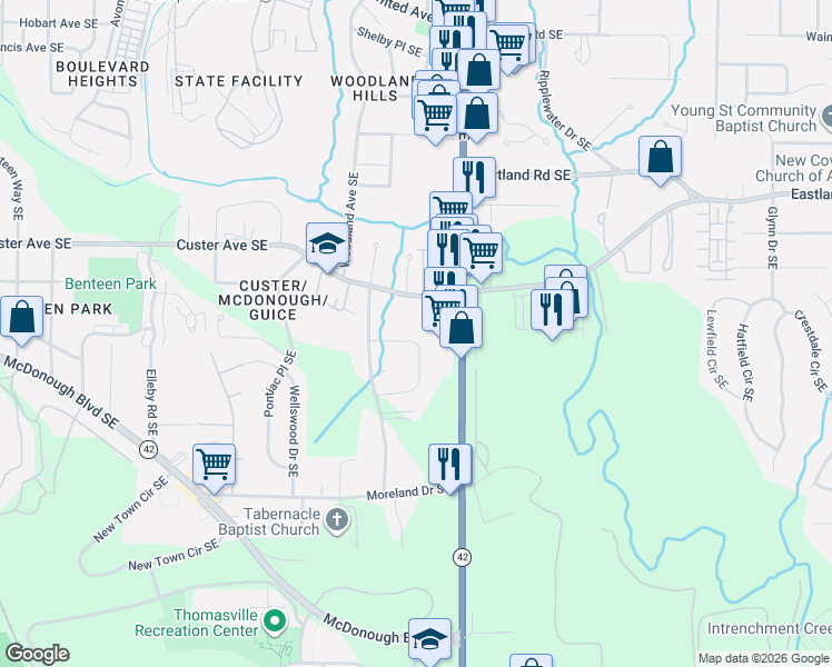 map of restaurants, bars, coffee shops, grocery stores, and more near 1498 Woodland Circle Southeast in Atlanta
