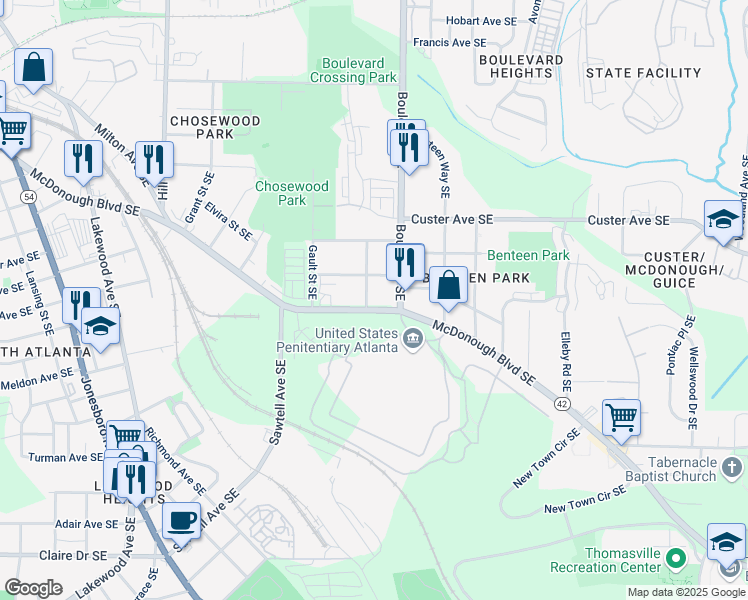 map of restaurants, bars, coffee shops, grocery stores, and more near 556 McDonough Boulevard Southeast in Atlanta